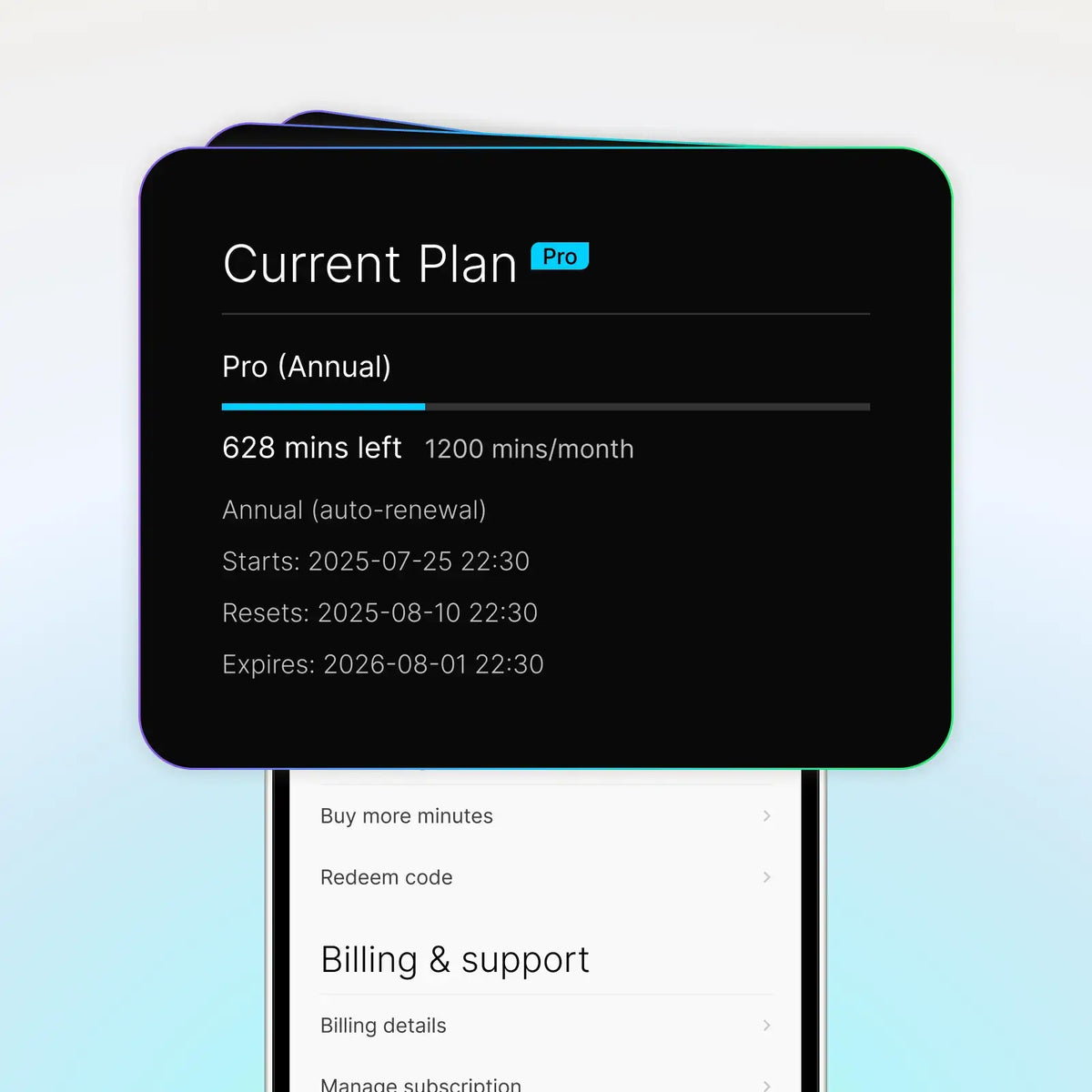 Plaud App UI displaying Plaud Pro Plan status with 628 minutes remaining and subscription renewal dates.