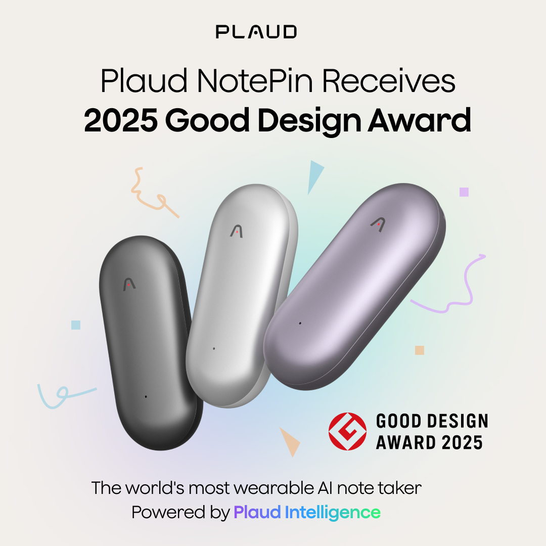 Plaud NotePin in black, silver, and purple, winner of the 2025 Good Design Award.