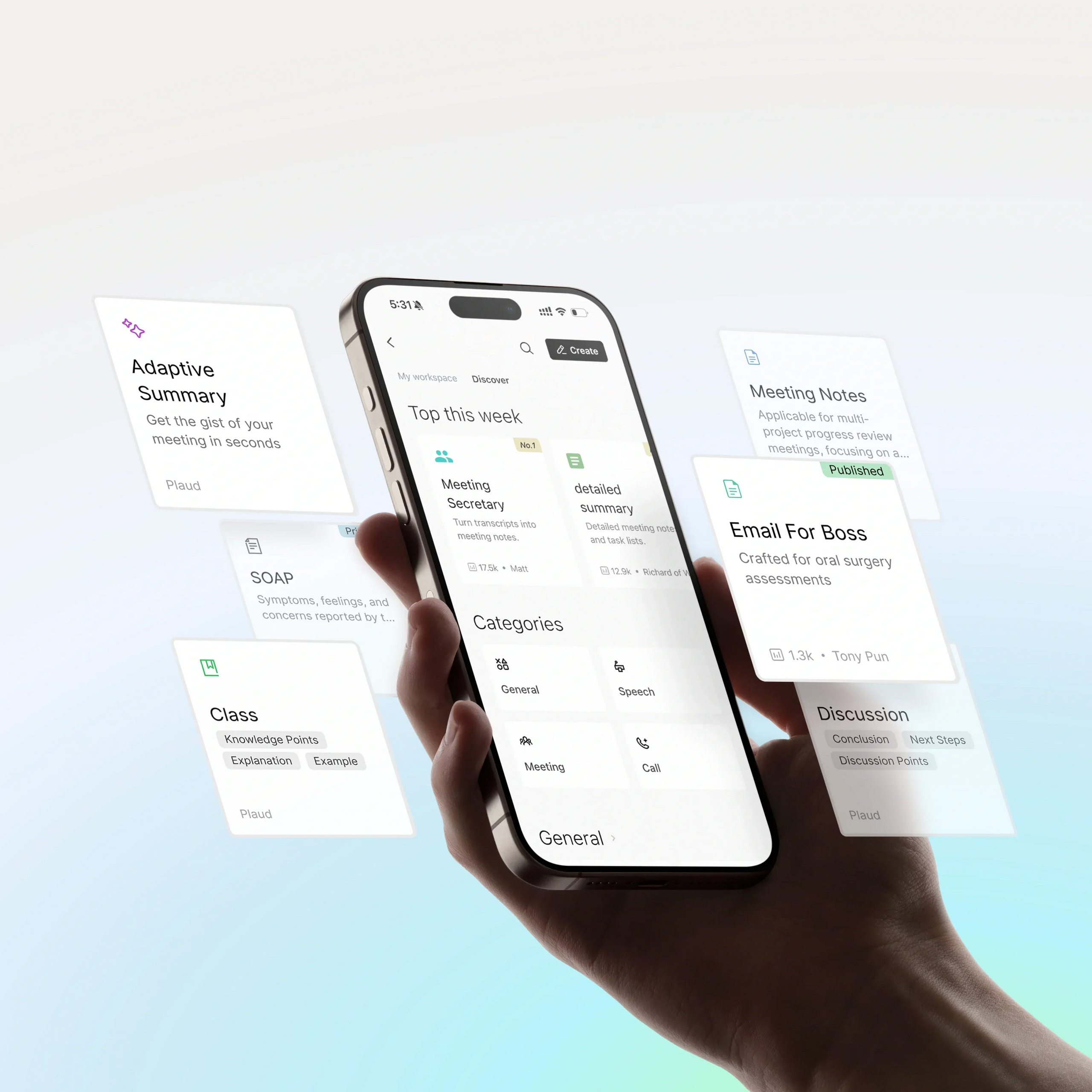Plaud App interface on a smartphone showing AI-generated note templates like Meeting Notes and Adaptive Summary.