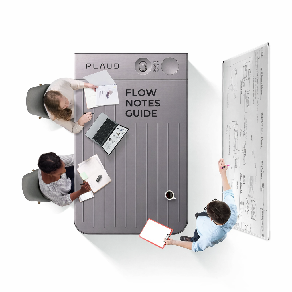 Overhead view of a meeting around a giant starlight Plaud Note Pro used as a conference table.