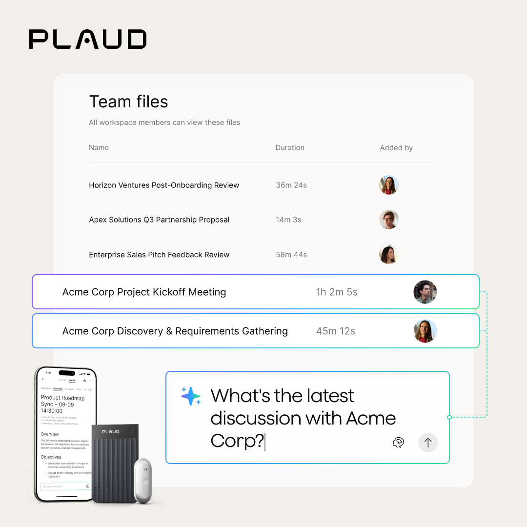 A Plaud Web interface shows team files and an AI query box alongside a smartphone, a Plaud Note Pro, and a Plaud NotePin.