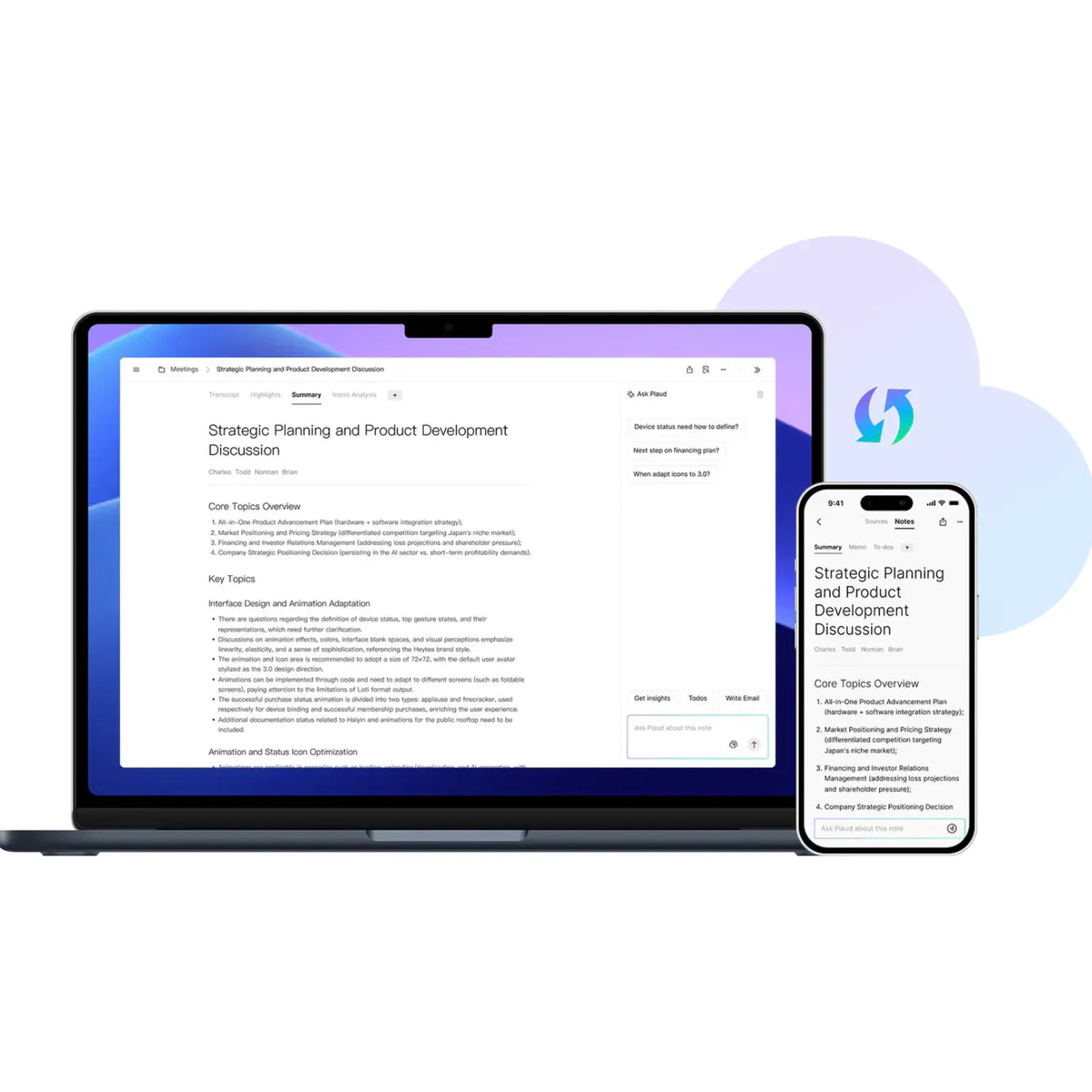 Plaud Web and Plaud App showing synchronized meeting summaries and AI notes on a laptop and smartphone.