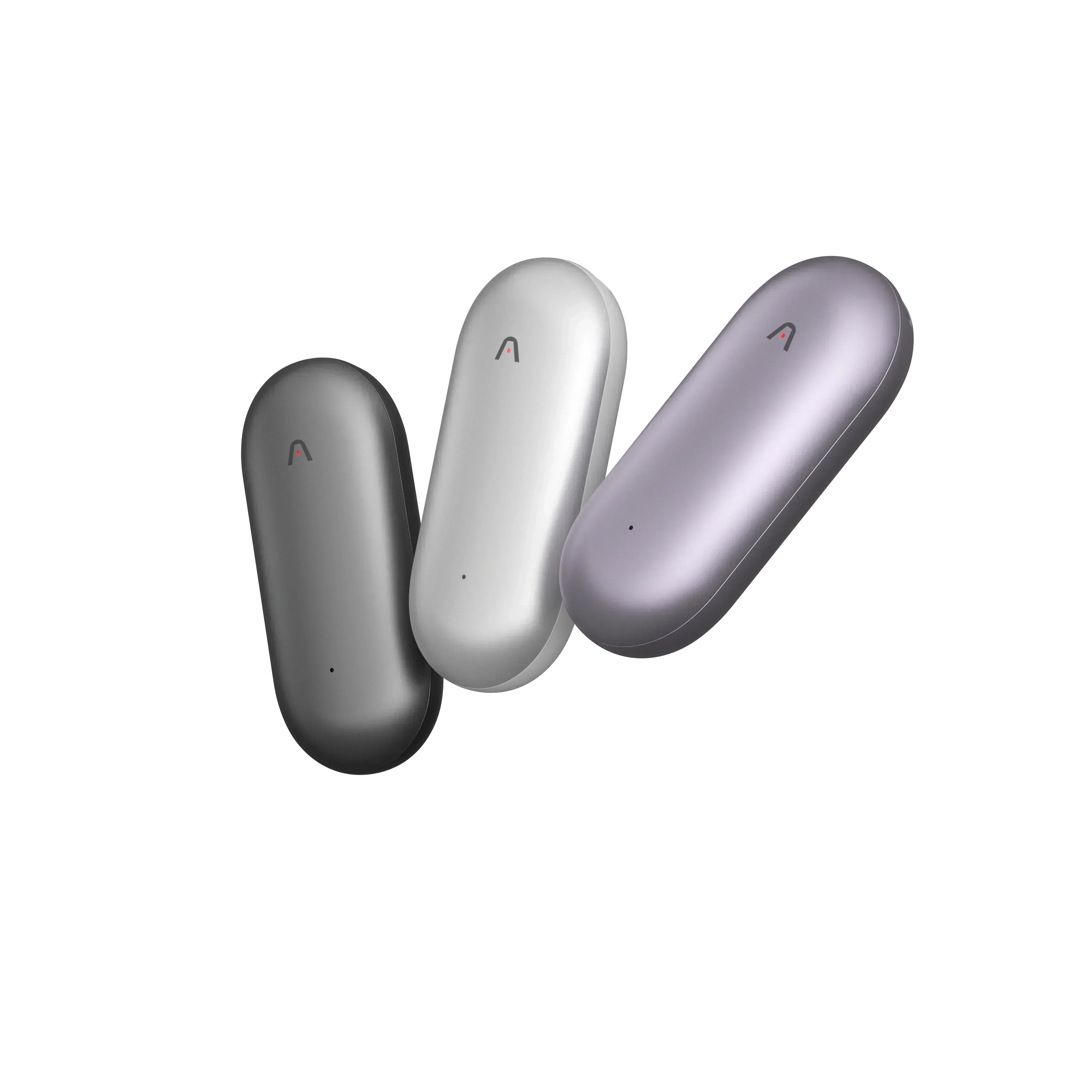 Three Plaud NotePin wearable AI voice recorders in dark gray, silver, and light purple.
