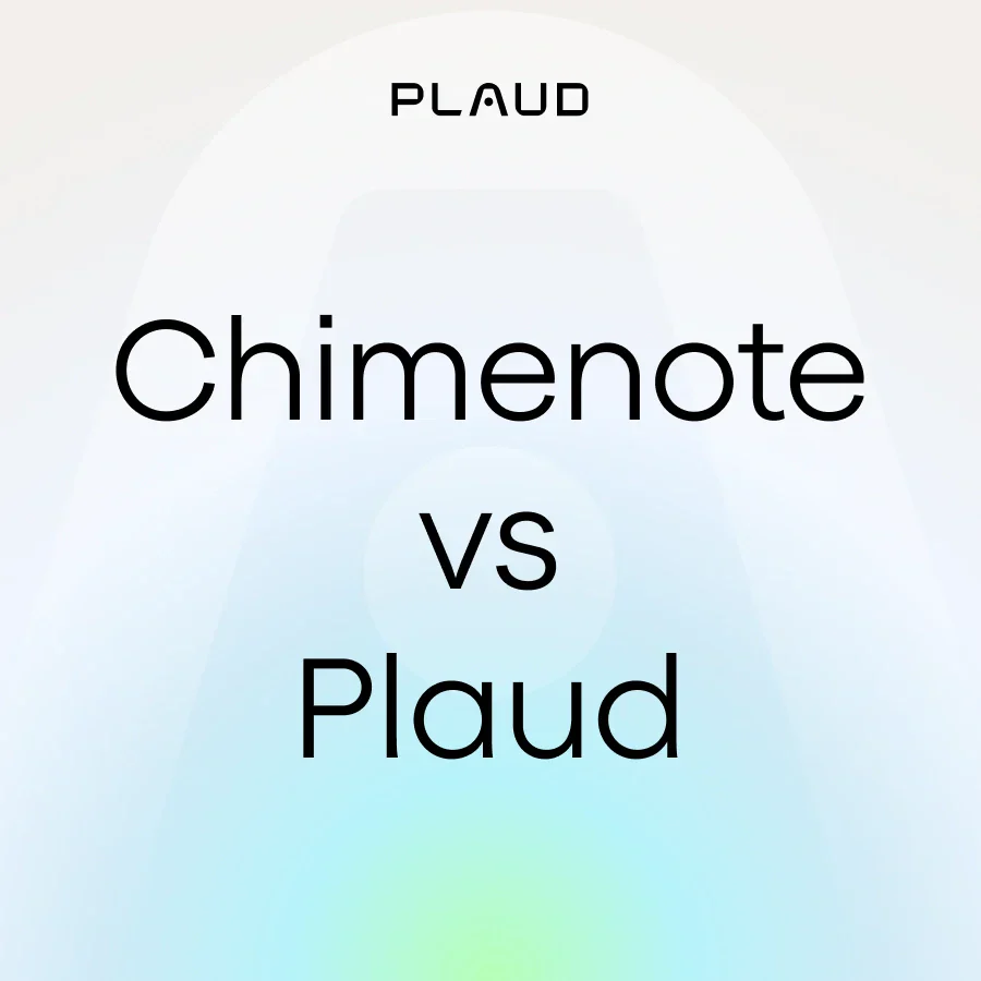 Comparison graphic titled Chimenote vs Plaud with the Plaud logo on a light gradient background.