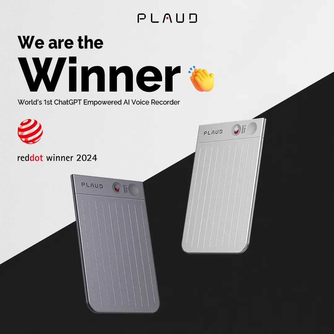 Silver and gray Plaud Note Pro recorders, Red Dot Winner 2024 for the world's 1st ChatGPT empowered AI voice recorder.