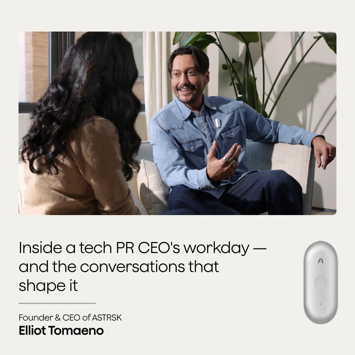 Elliot Tomaeno wears a silver Plaud NotePin S during a conversation, with text about a tech PR CEO's workday.