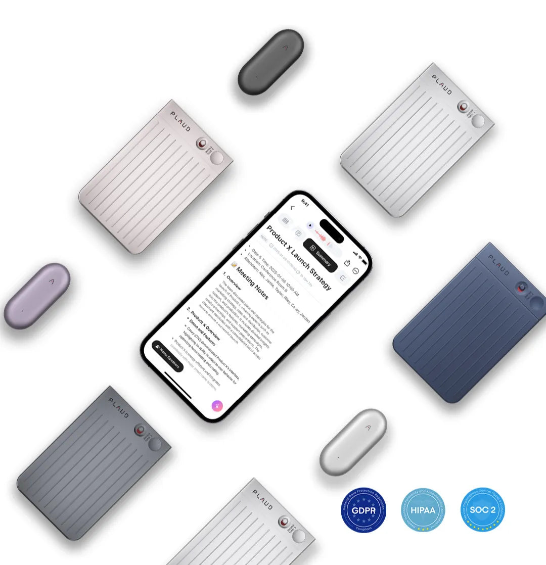 Plaud Note and Plaud NotePin devices around a phone with Plaud App, showing GDPR, HIPAA, and SOC 2 compliance.