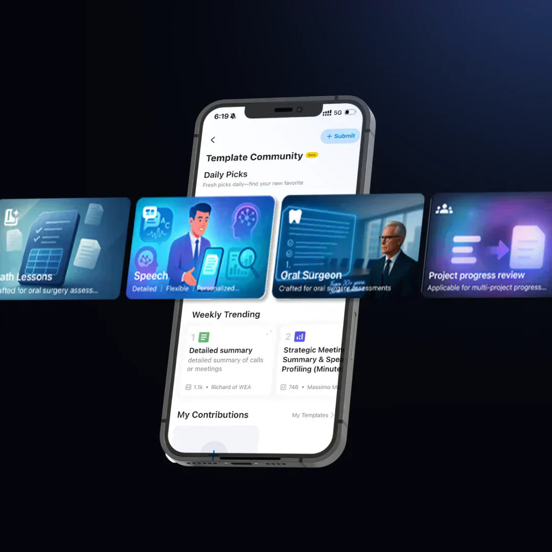 Plaud App on a smartphone showing the Template Community with various AI note-taking templates.