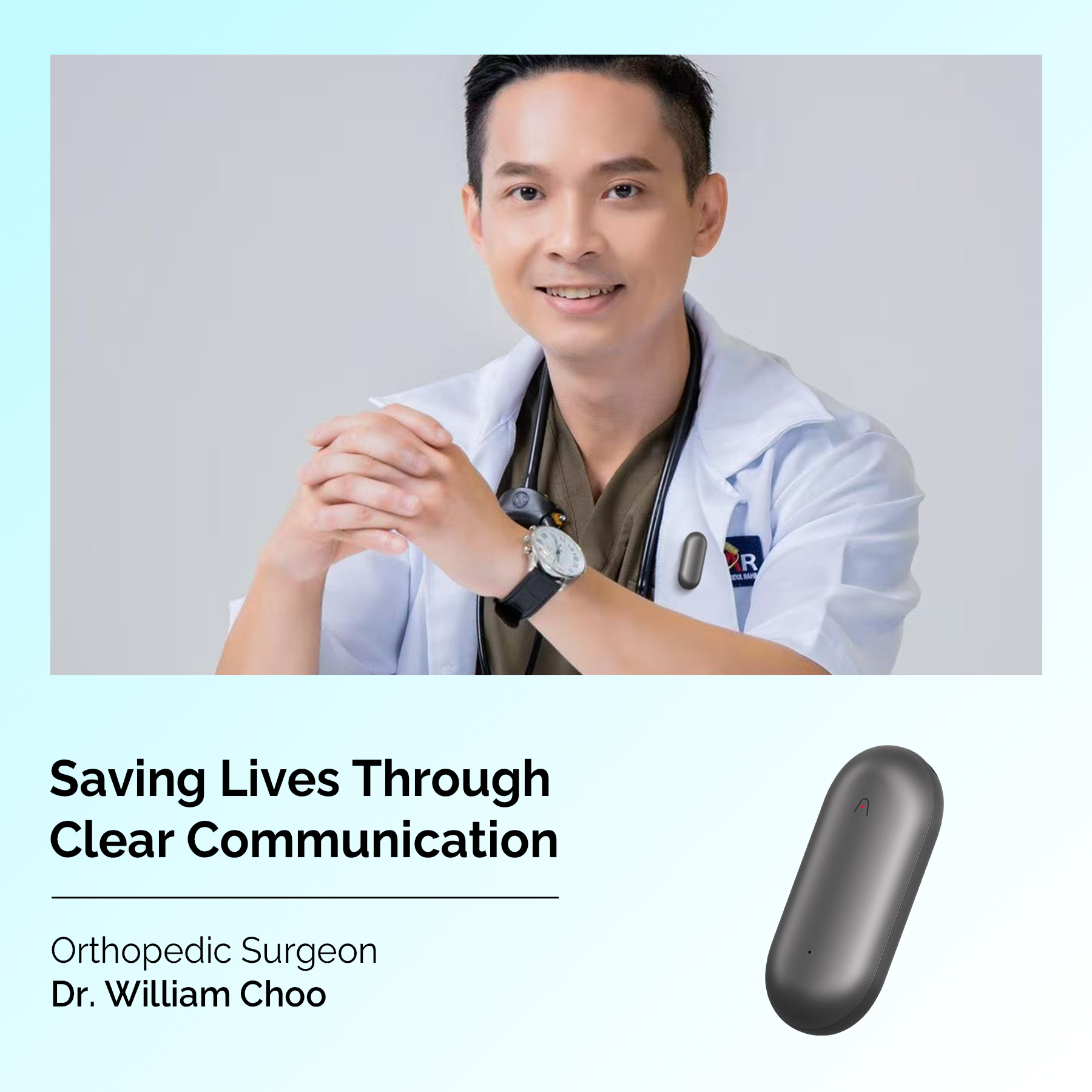 Orthopedic Surgeon Dr. William Choo wearing a gray Plaud NotePin on his lab coat for clear communication.