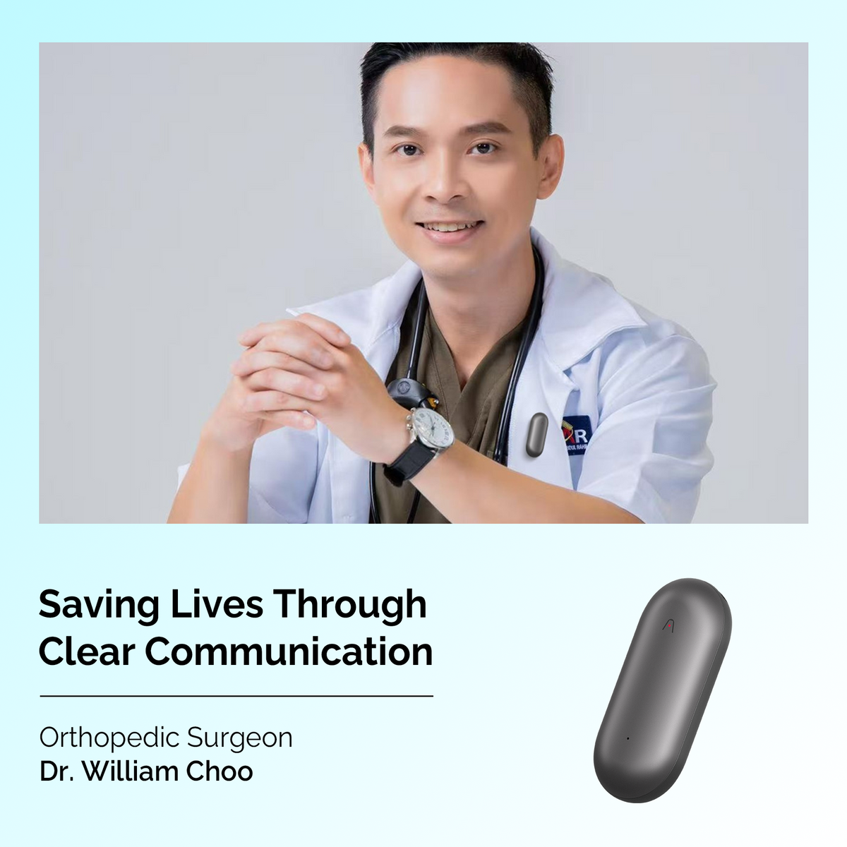 Orthopedic Surgeon Dr. William Choo wearing a gray Plaud NotePin on his lab coat for clear communication.