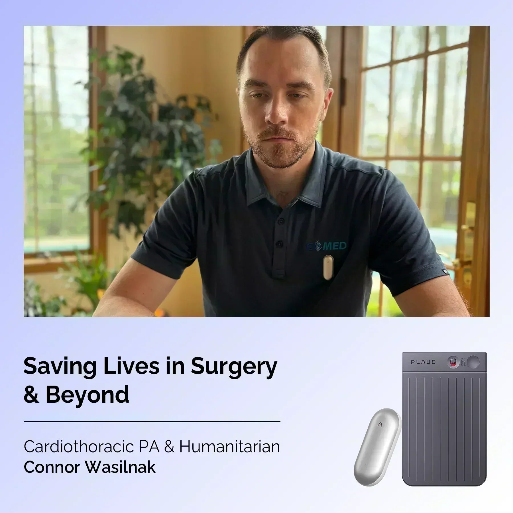 Cardiothoracic PA Connor Wasilnak wearing a silver Plaud NotePin, with a dark grey Plaud Note Pro shown below.