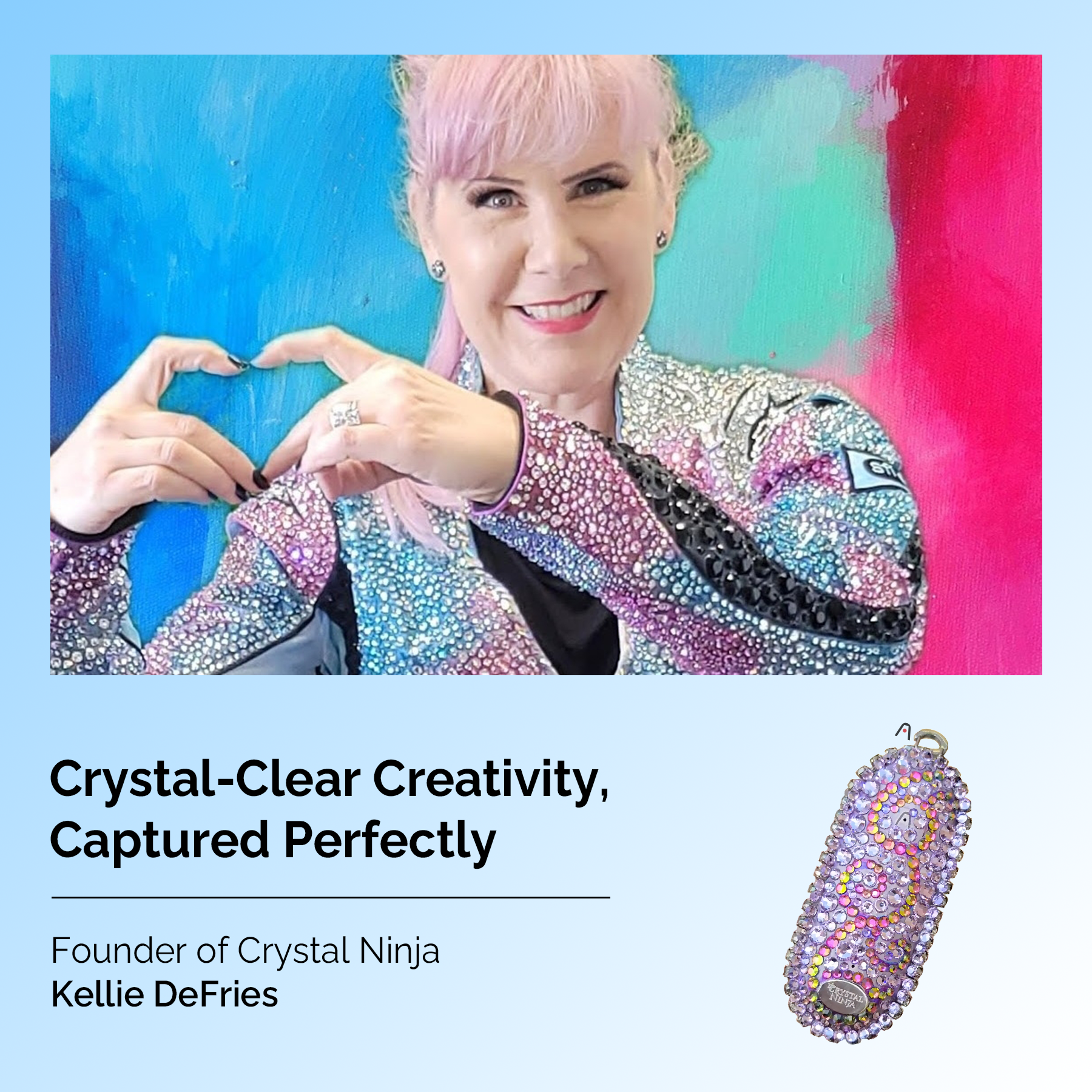 Kellie DeFries of Crystal Ninja with a custom crystal-covered Plaud NotePin wearable AI note taker.