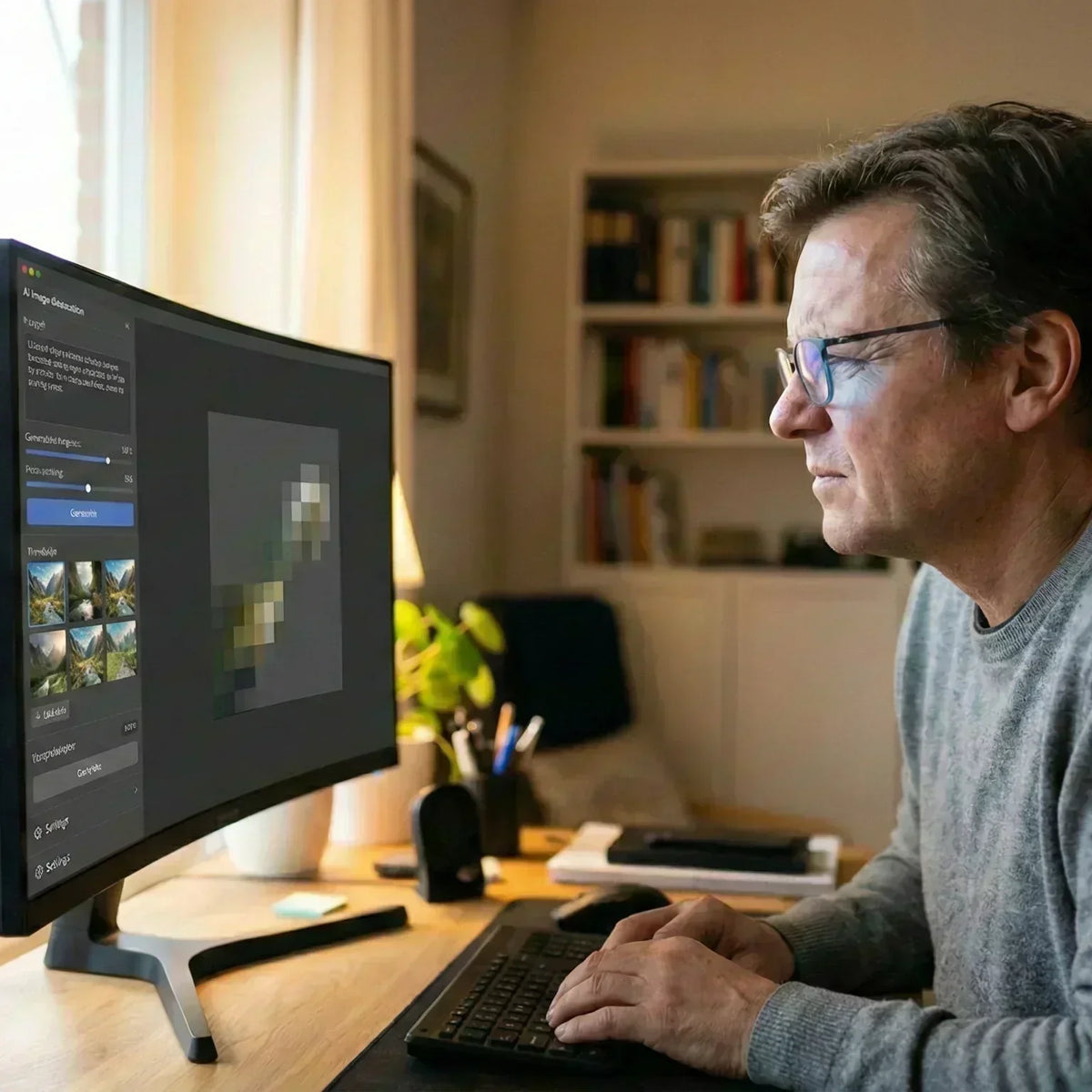 A man at a desk with a curved monitor and a black Plaud Note AI voice recorder.