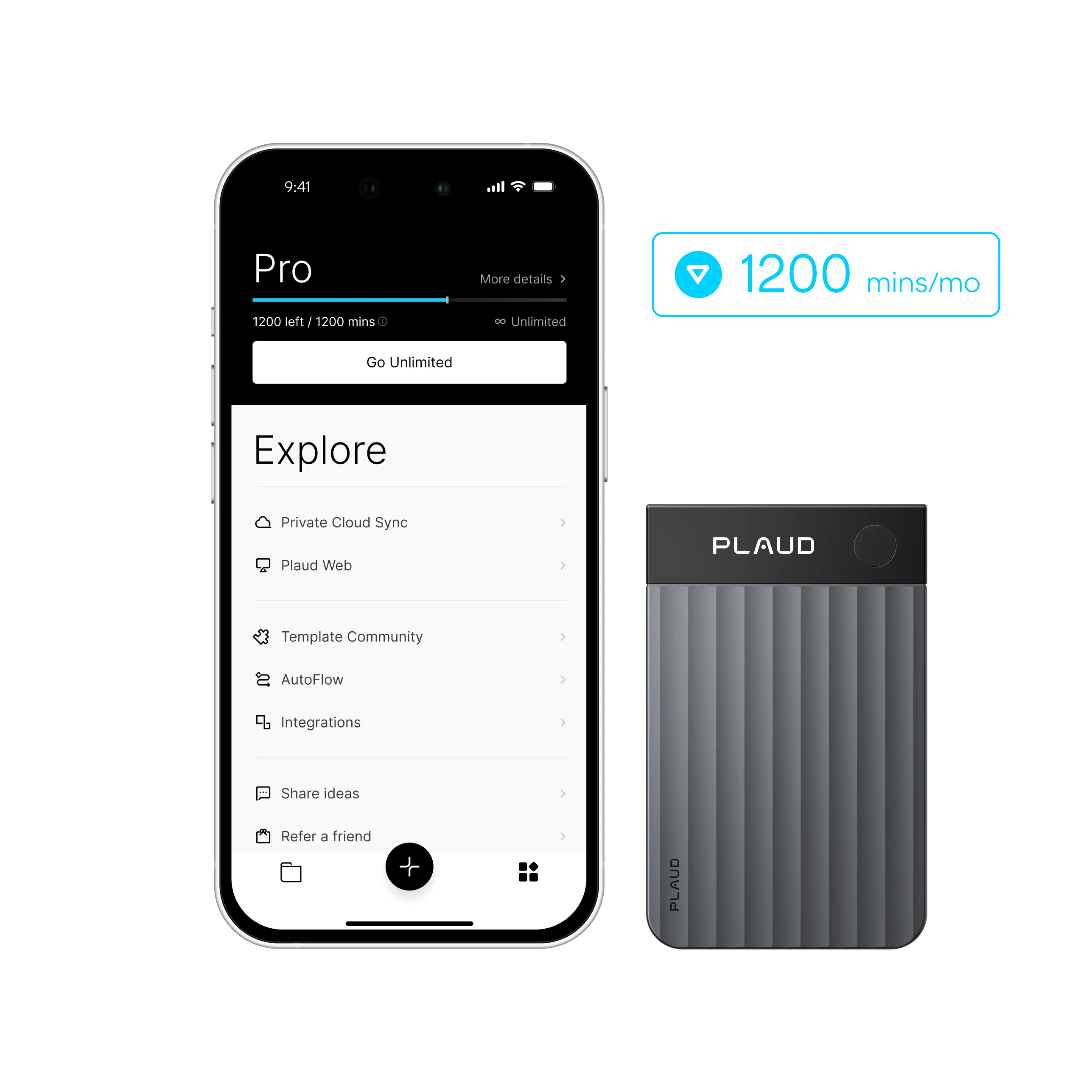 Gray Plaud Note Pro beside Plaud App screen showing 1200 monthly minutes for the Pro Plan.