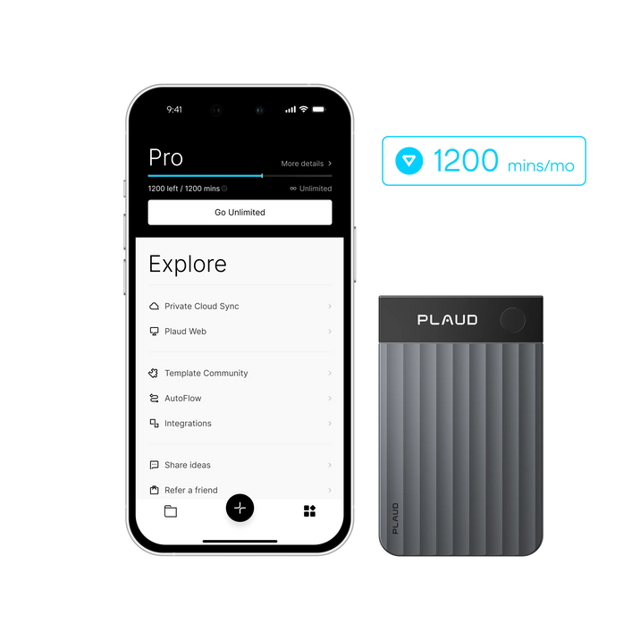 Gray Plaud Note Pro beside Plaud App screen showing 1200 monthly minutes for the Pro Plan.