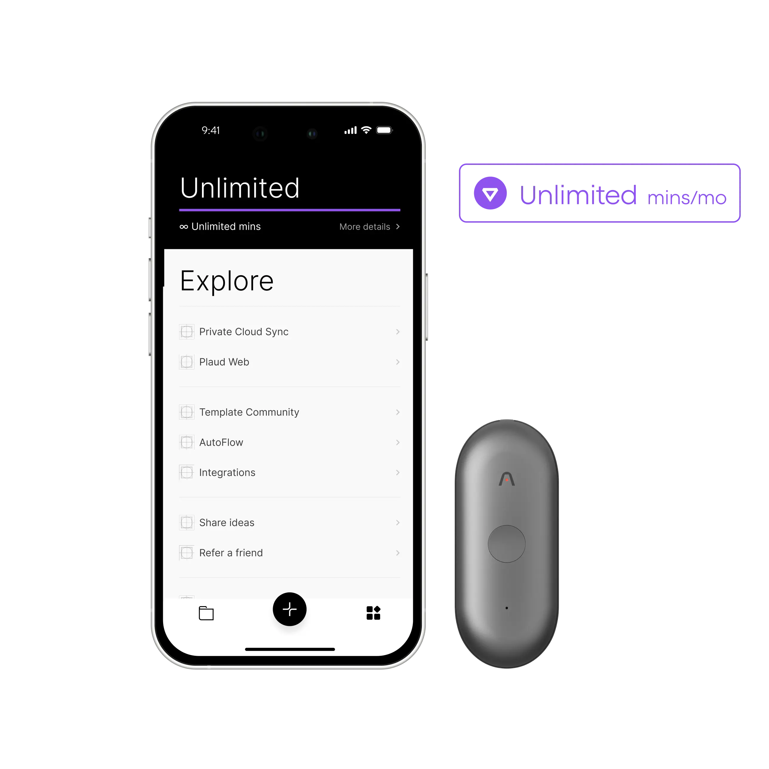 Gray Plaud NotePin S beside a phone displaying the Plaud App and Plaud Unlimited Plan with unlimited minutes per month.