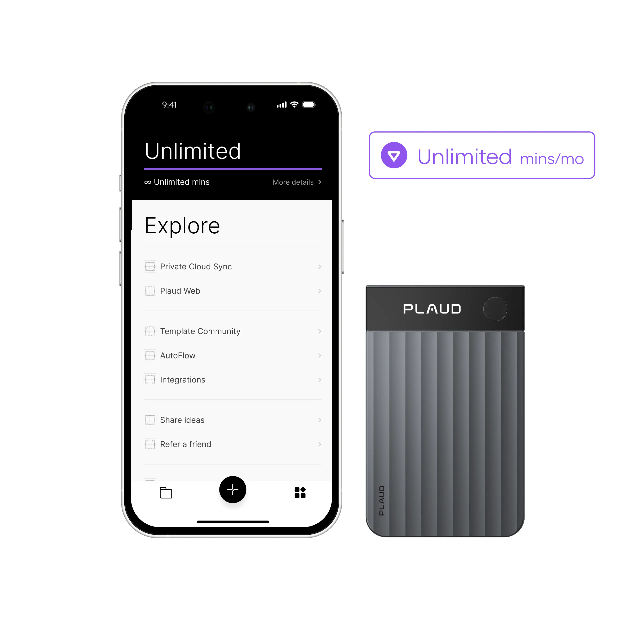 Gray Plaud Note Pro beside a phone showing the Plaud App and Plaud Unlimited Plan details.