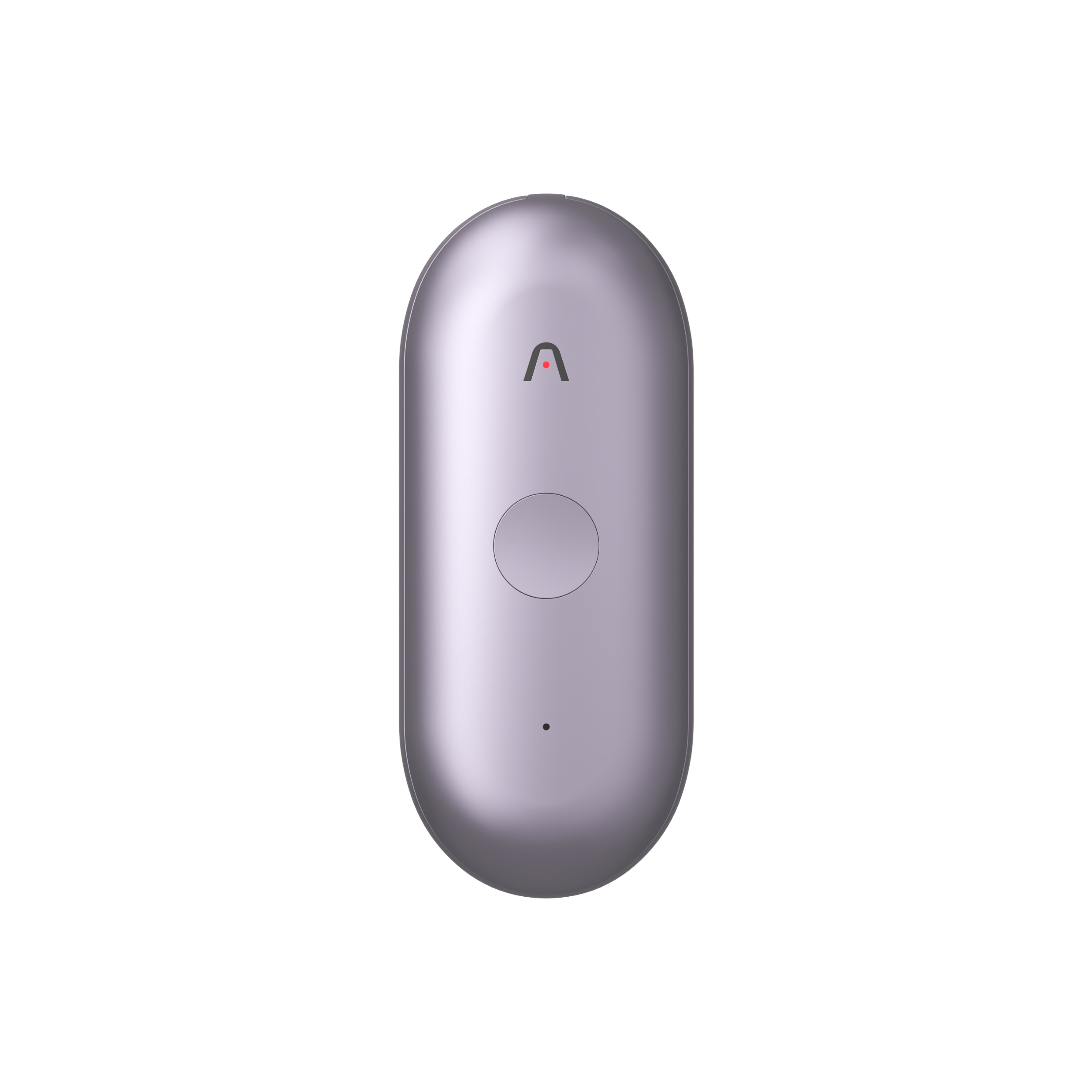 A light purple Plaud NotePin S wearable AI recorder featuring a central round button and a small chevron logo on its front face.