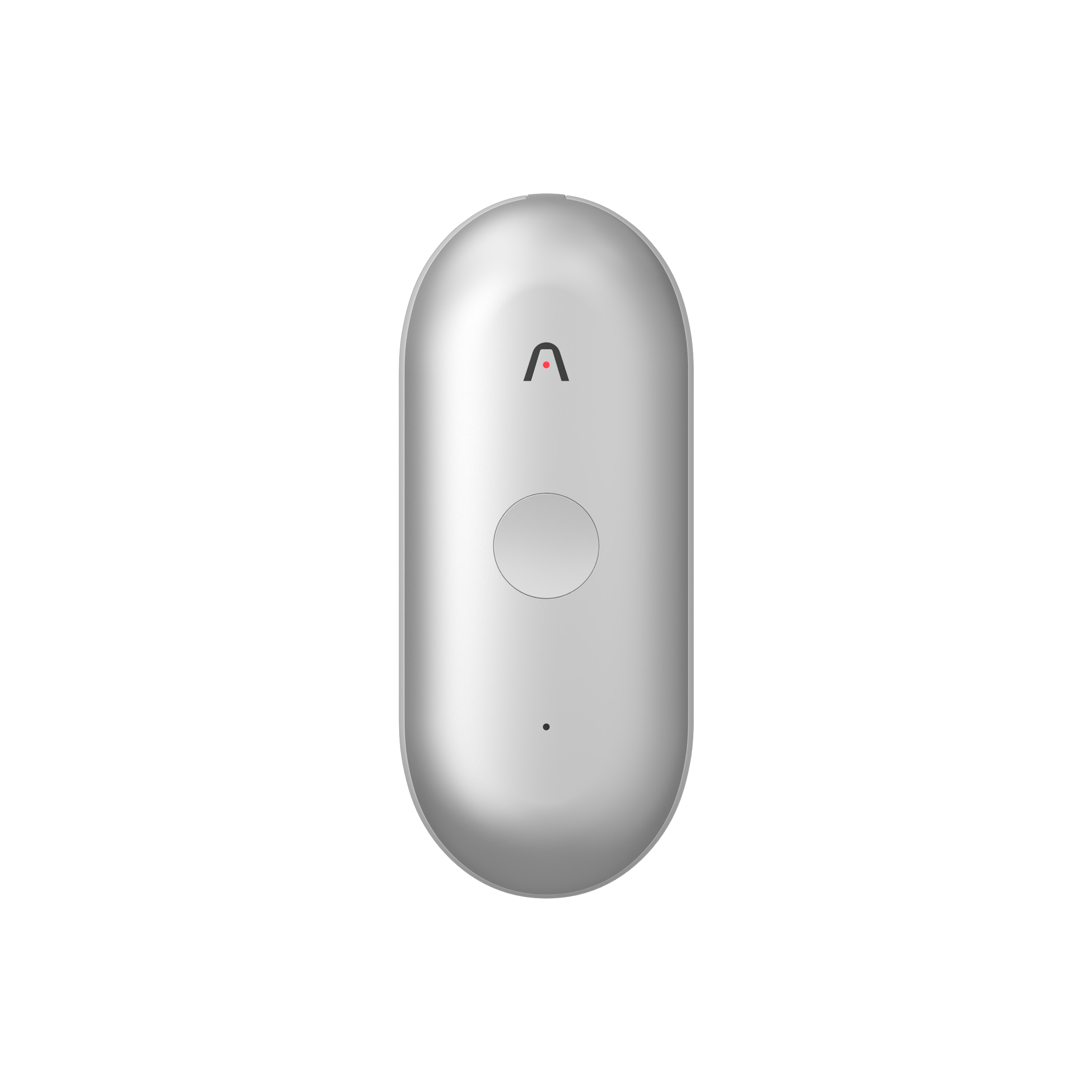 A silver Plaud NotePin S wearable AI recorder features a round central button and a small chevron logo on its front face.