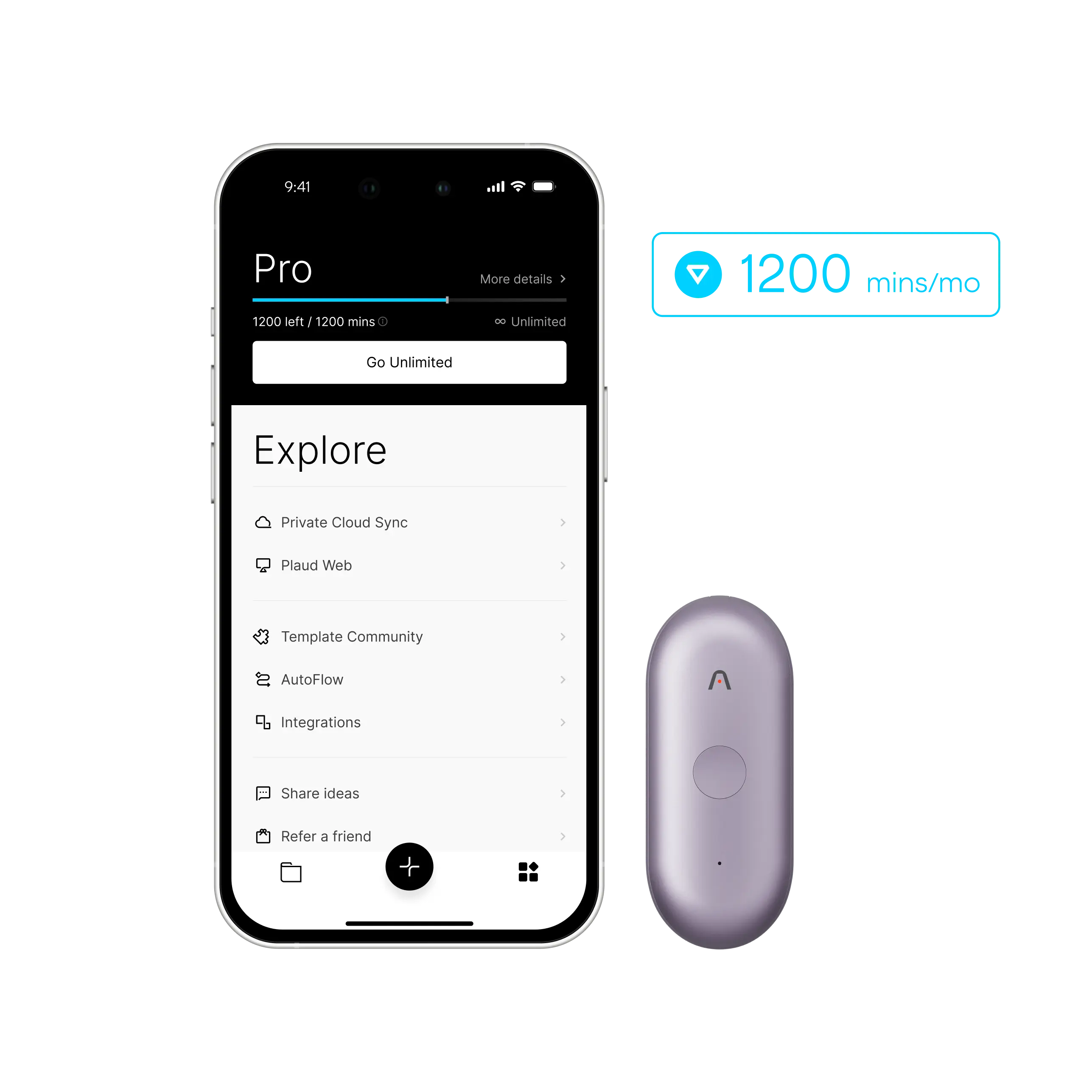 Purple Plaud NotePin S next to a smartphone showing the Plaud App Pro Plan with 1200 transcription minutes per month.