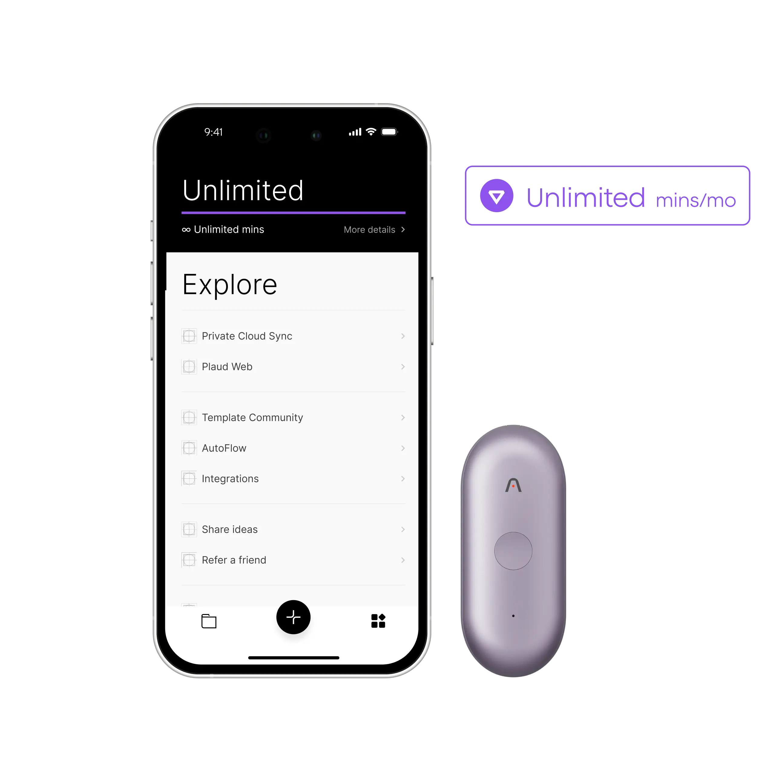 Purple Plaud NotePin S next to a smartphone displaying the Plaud App with the Plaud Unlimited Plan features.