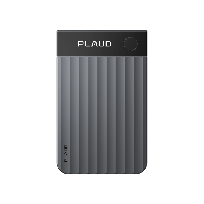 Dark gray Plaud Note Pro AI voice recorder with a ribbed textured body and top display screen.