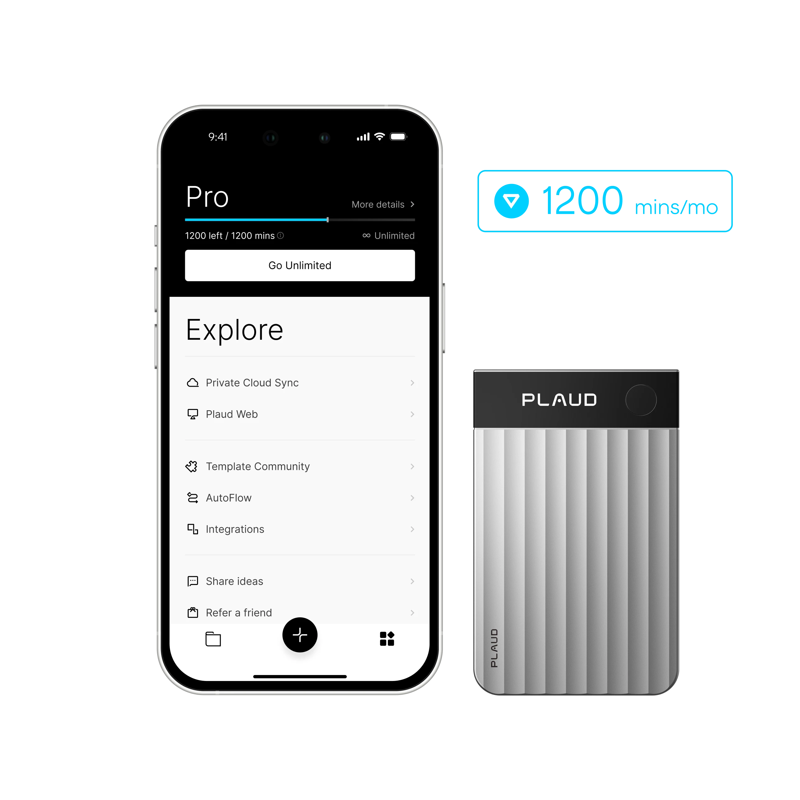 Silver Plaud Note Pro next to a smartphone showing 1200 minutes per month on the Plaud App Pro Plan.