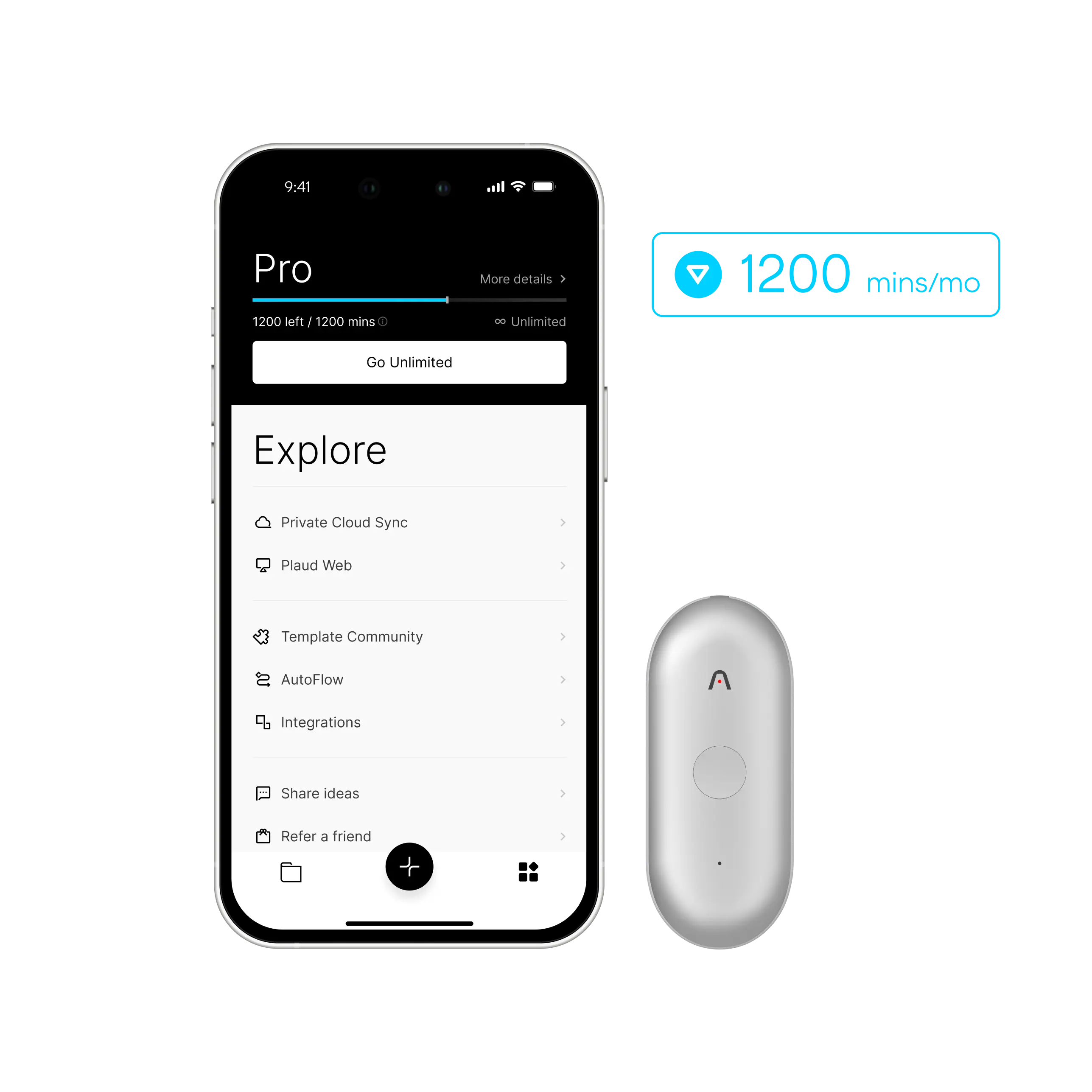 Silver Plaud NotePin S next to a smartphone showing the Plaud App with 1200 transcription minutes per month.