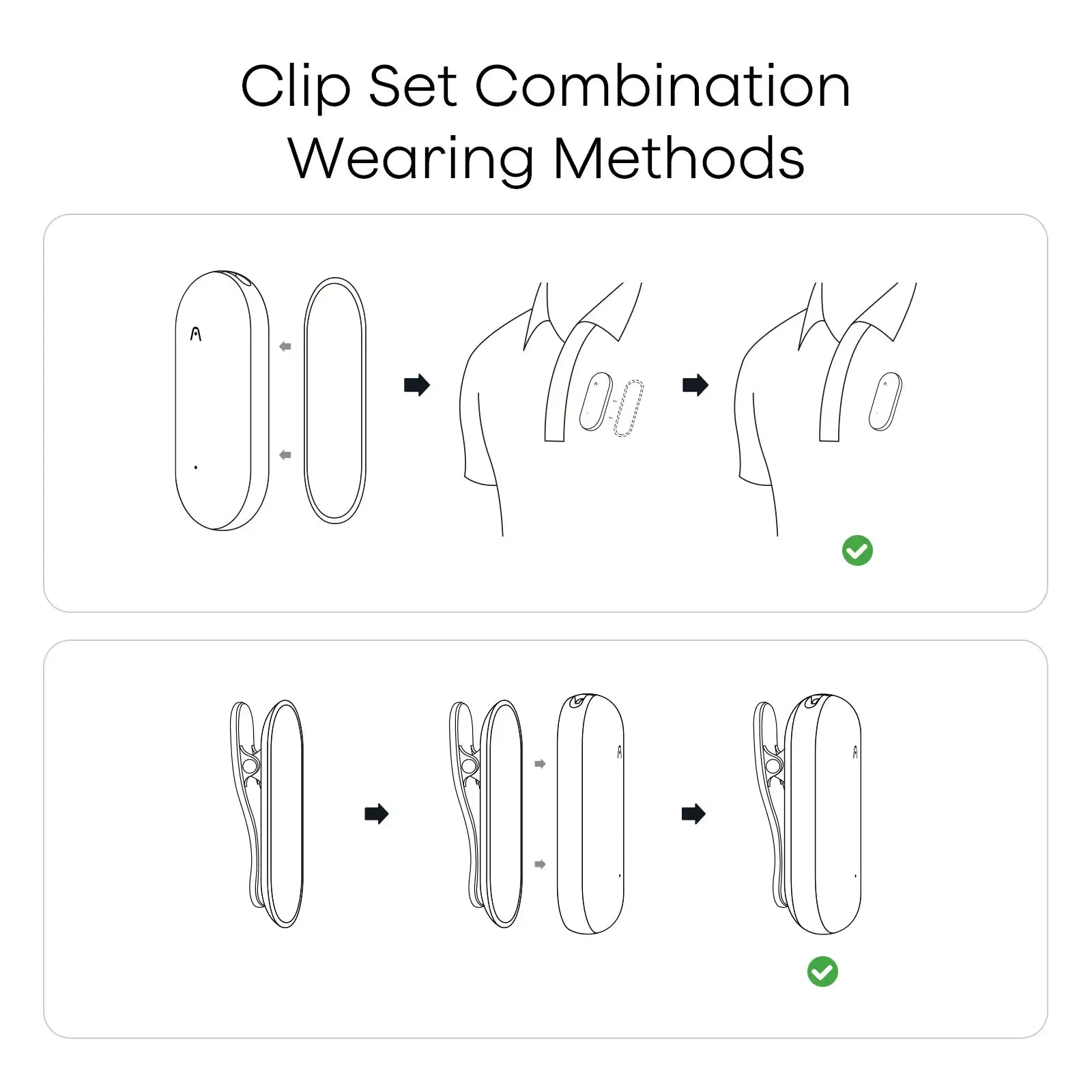 Diagrams showing how to assemble and wear the Plaud NotePin using the clip set combination on a shirt collar.