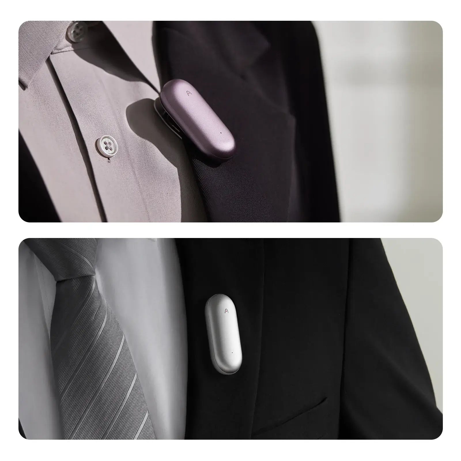 Purple and silver Plaud NotePin wearable AI note takers clipped to the lapels of business suits.