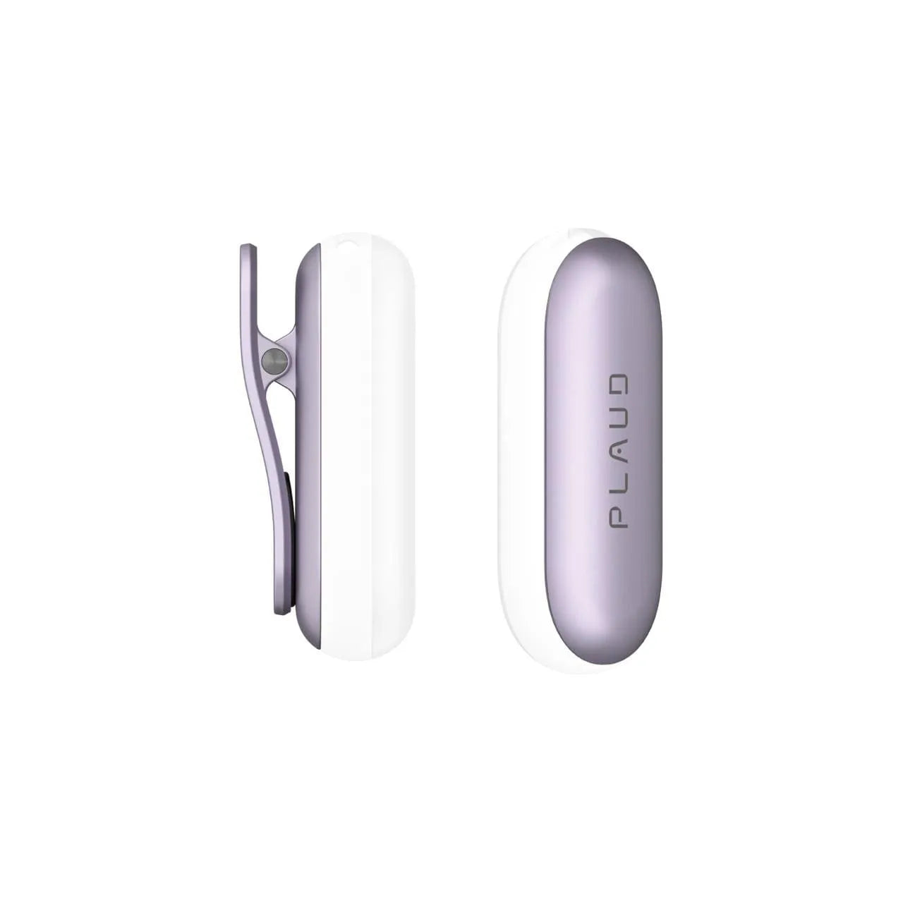 Purple Plaud NotePin shown from the front and side with its clip attachment.