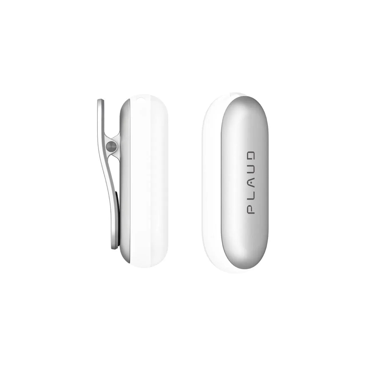 Side and front views of a silver and white Plaud NotePin wearable AI voice recorder with a clip attachment.