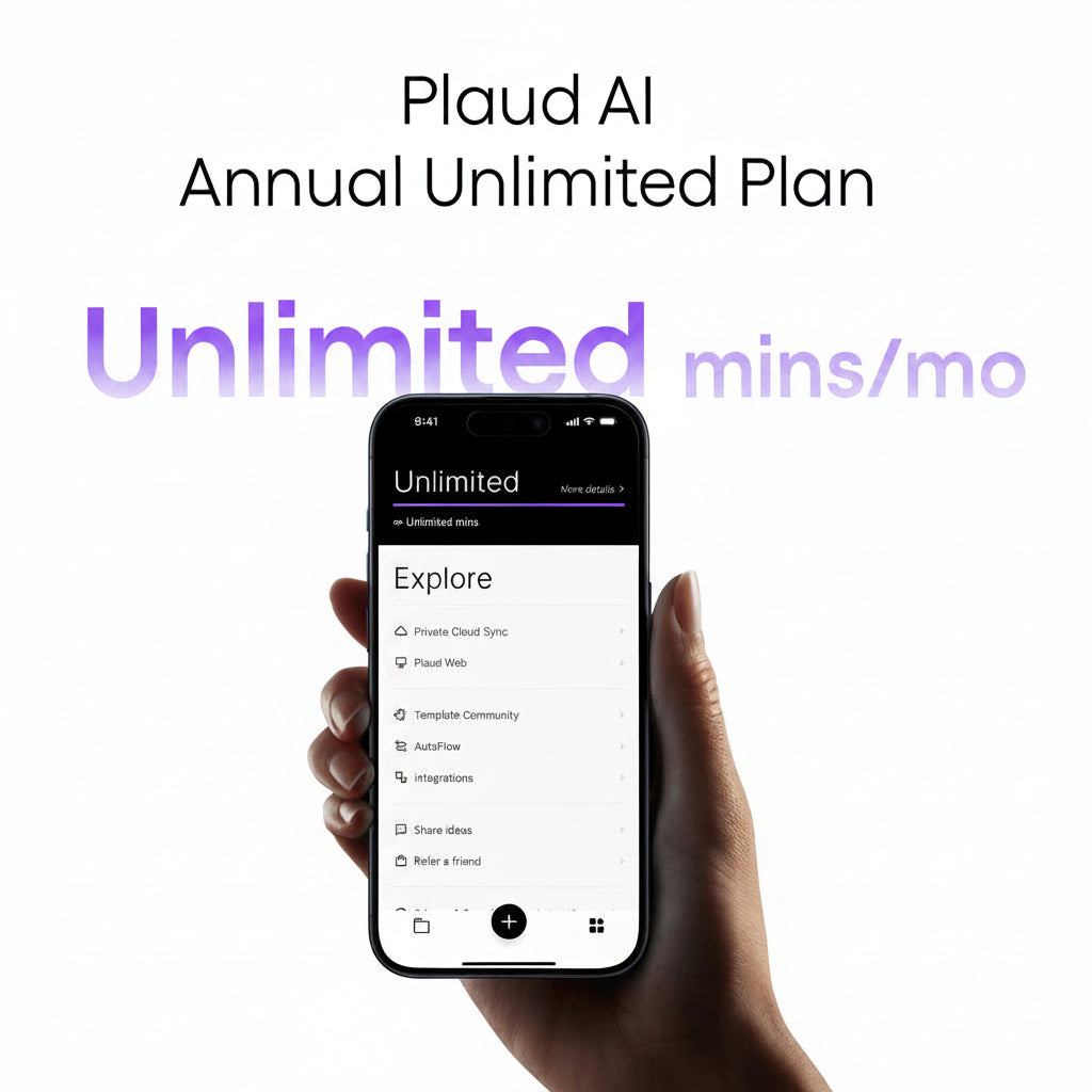 Plaud AI Annual Unlimited Plan provides unlimited minutes per month, as shown on the Plaud App.