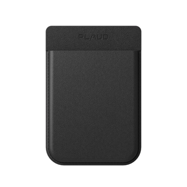Black leather-textured MagSafe case for the Plaud Note with embossed Plaud logo.