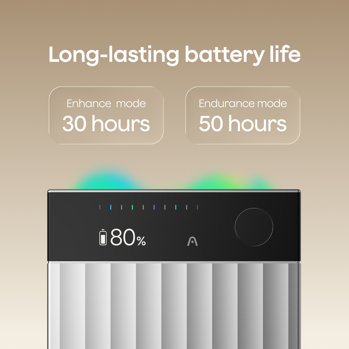 The silver Plaud Note Pro displays 80% battery, highlighting its 30-hour Enhance mode and 50-hour Endurance mode battery life.