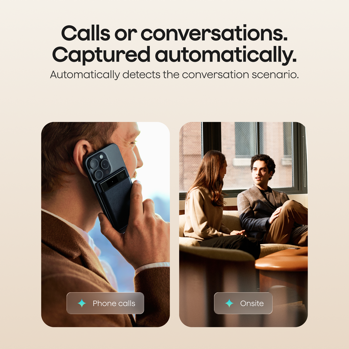 A black Plaud Note Pro records a phone call and an onsite conversation, with text explaining it automatically detects the scenario.