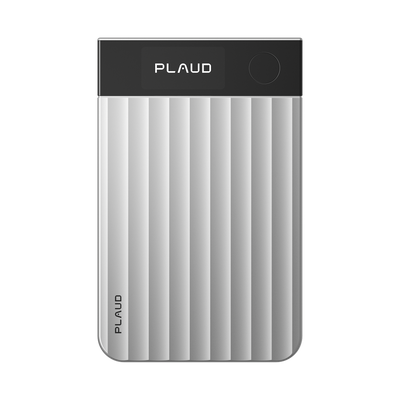 The silver Plaud Note Pro features a black glass top strip with a round button and broad wavy vertical ridges on its body.