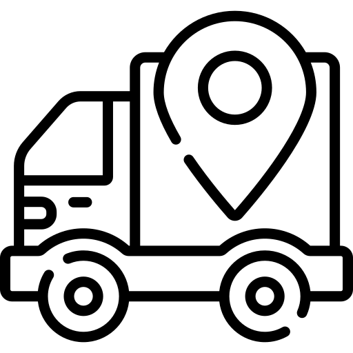 Delivery truck icon with a location pin.