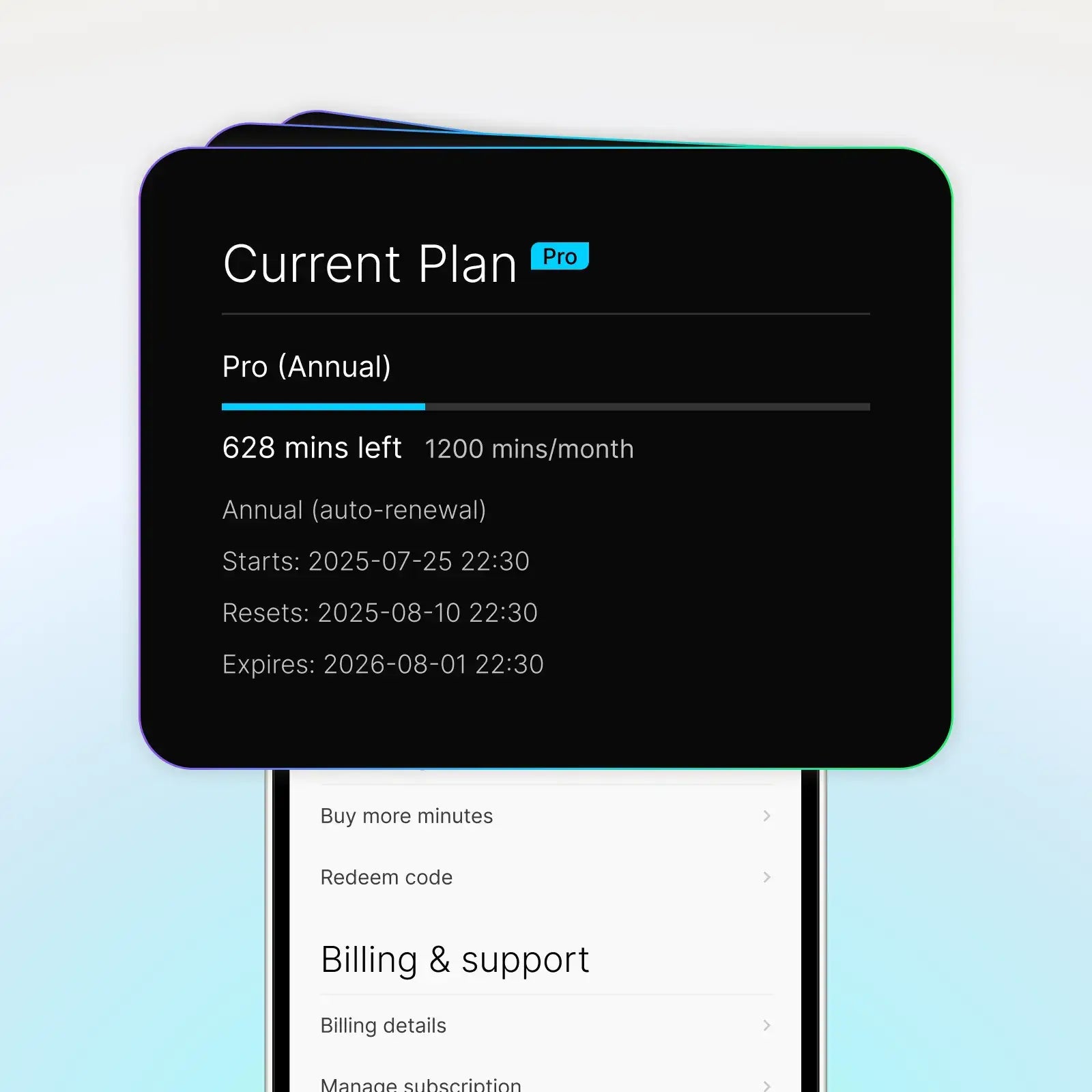 Plaud App UI displaying Plaud Pro Plan status with 628 minutes remaining and subscription renewal dates.