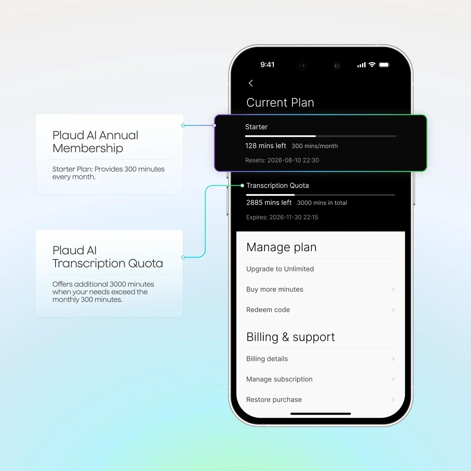 Plaud App UI displaying Plaud Starter Plan details and transcription quota management on a smartphone.