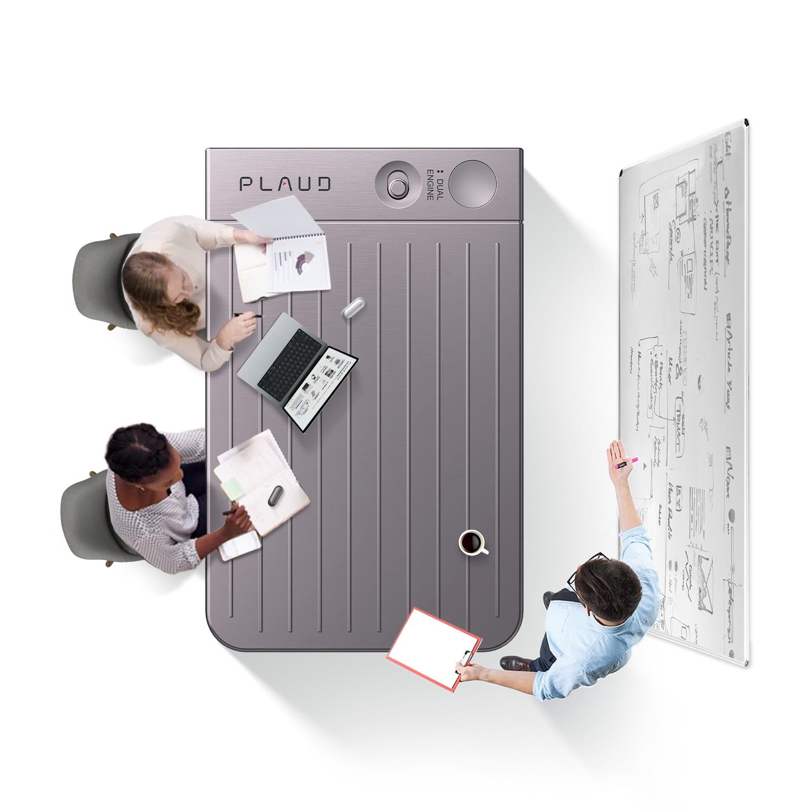 Top-down view of people collaborating around a gray Plaud Note Pro stylized as a large conference table.