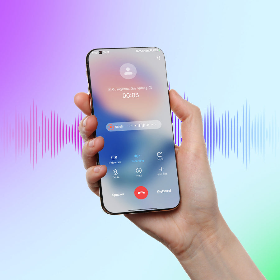 Hand holding a smartphone displaying a call recording interface over a colorful digital waveform.
