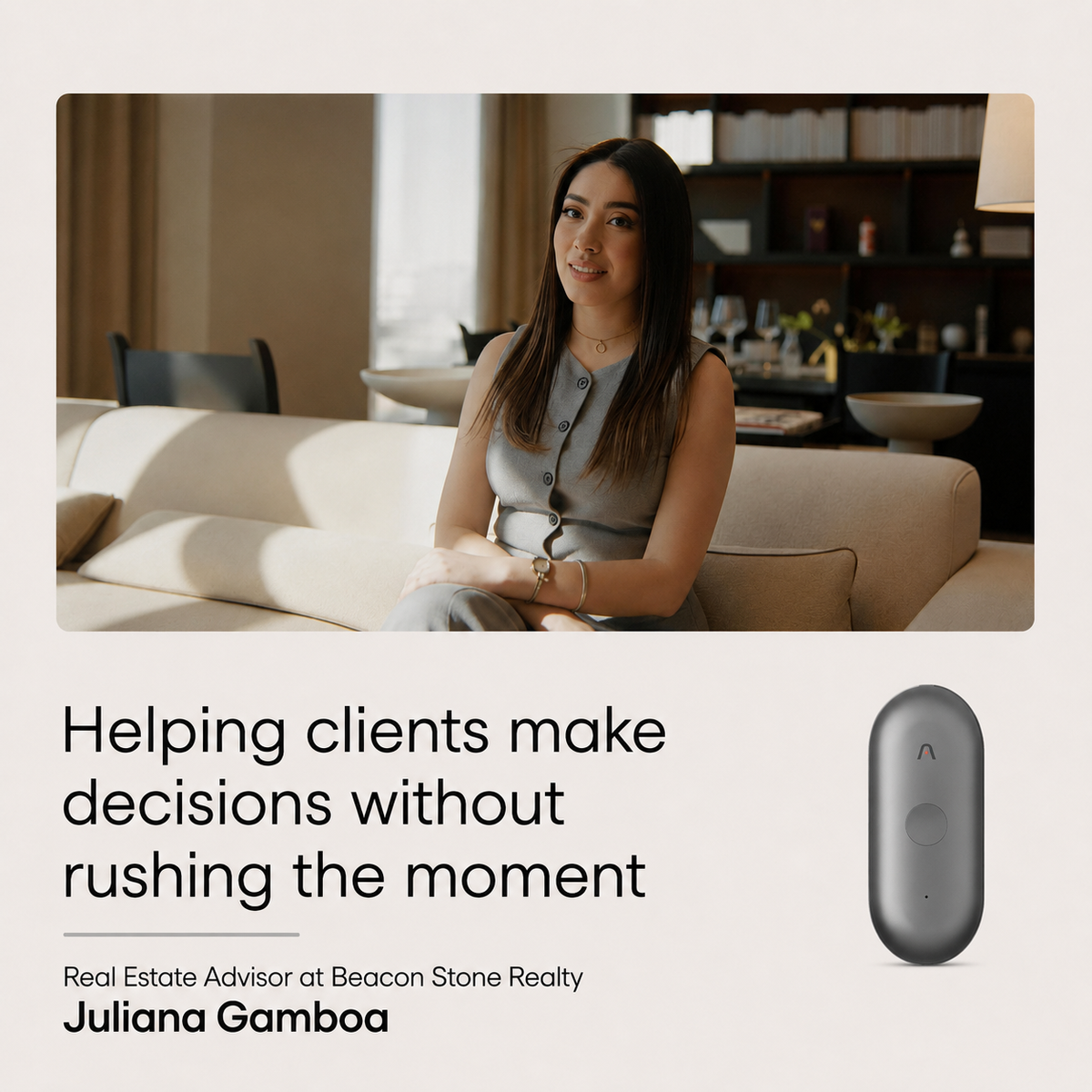 Juliana Gamboa sitting on a sofa with a gray Plaud NotePin S and a quote about helping clients.