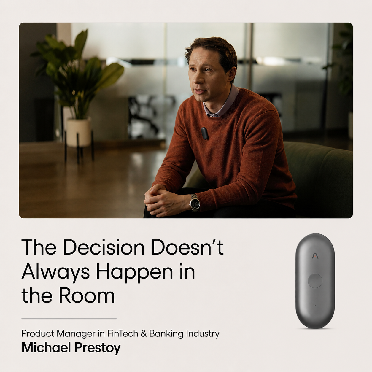Michael Prestoy wearing a black Plaud NotePin S, with a Cosmic Gray Plaud NotePin product shot.