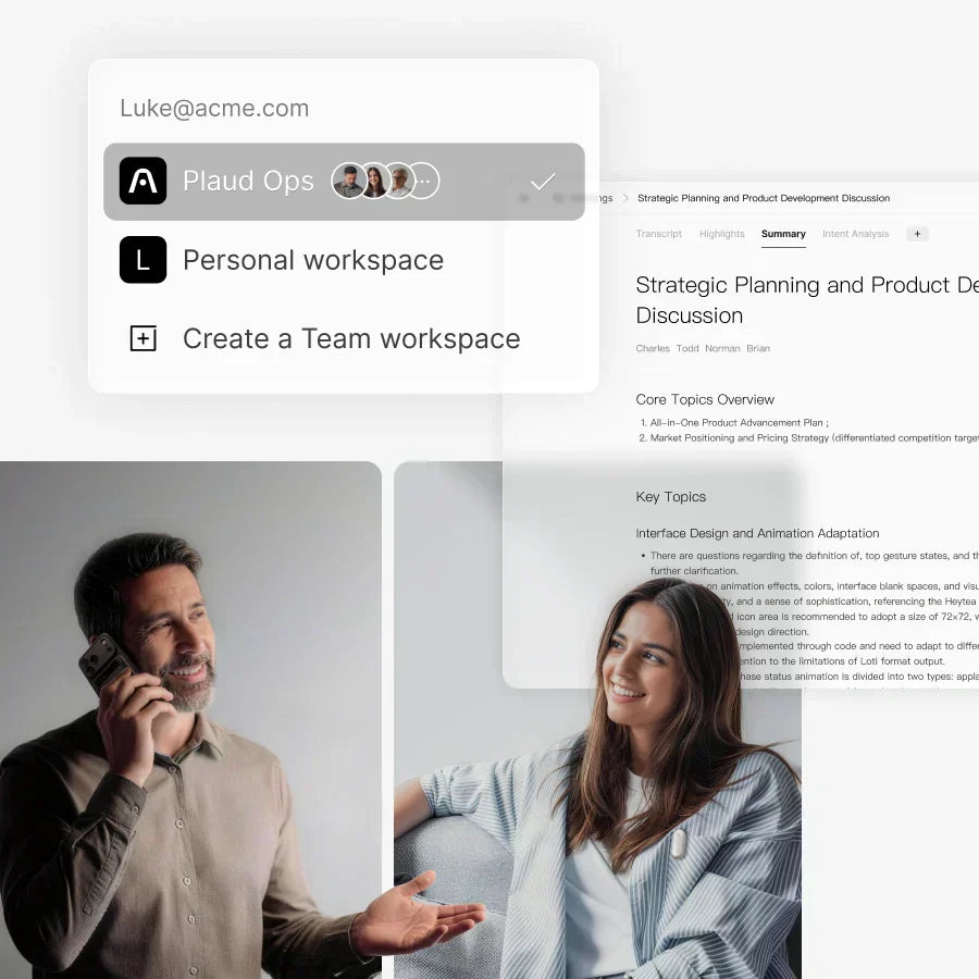 Plaud Note and Plaud NotePin users with Plaud App UI showing team workspaces and meeting summaries.
