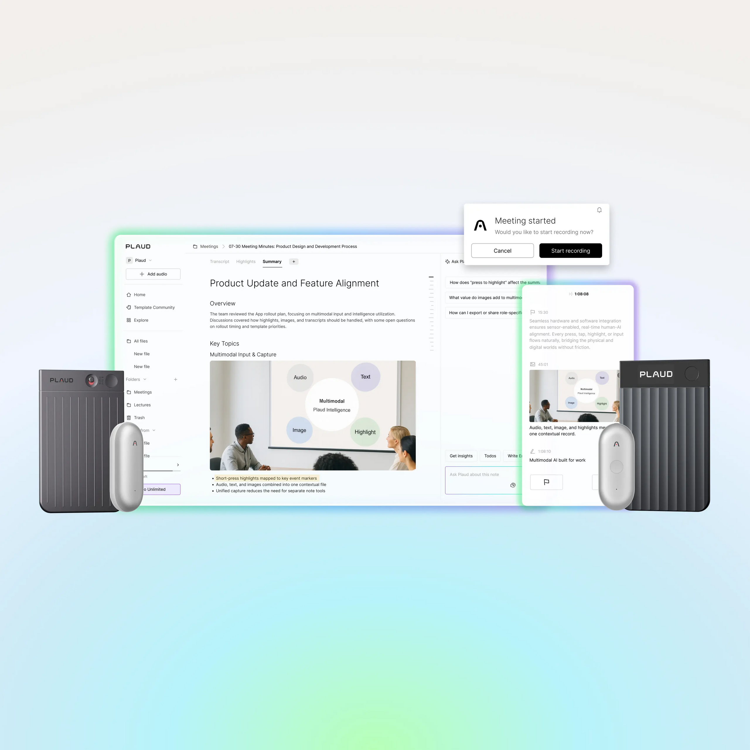 Black Plaud Note Pro and silver Plaud NotePin devices with the Plaud App and web interface for AI note-taking.