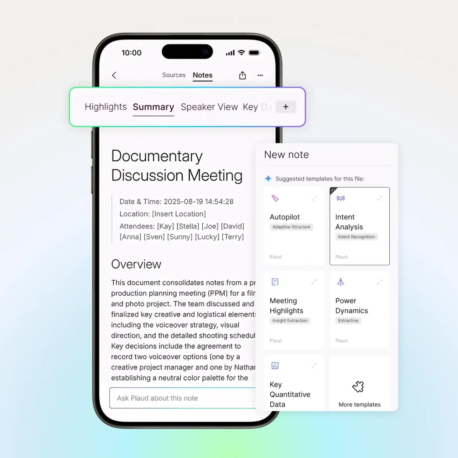 Plaud App interface showing a meeting summary and AI templates like Autopilot and Intent Analysis on a smartphone.