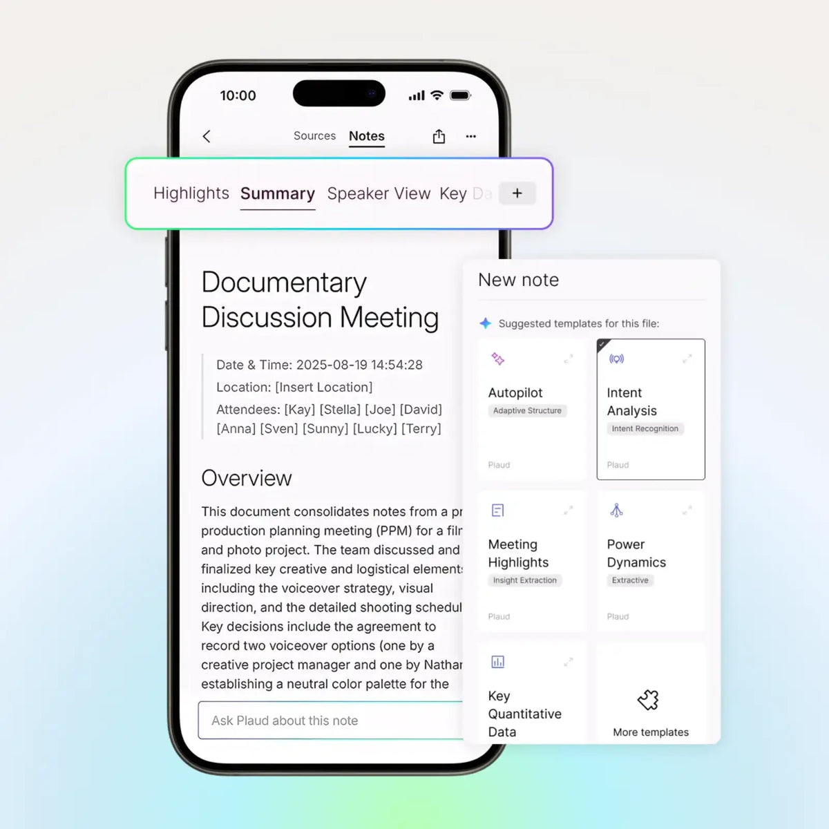 Plaud App interface showing a meeting summary and AI templates like Autopilot and Intent Analysis on a smartphone.