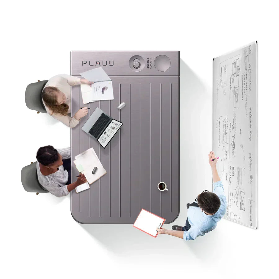 Professionals meeting around a giant starlight Plaud Note Pro conference table.