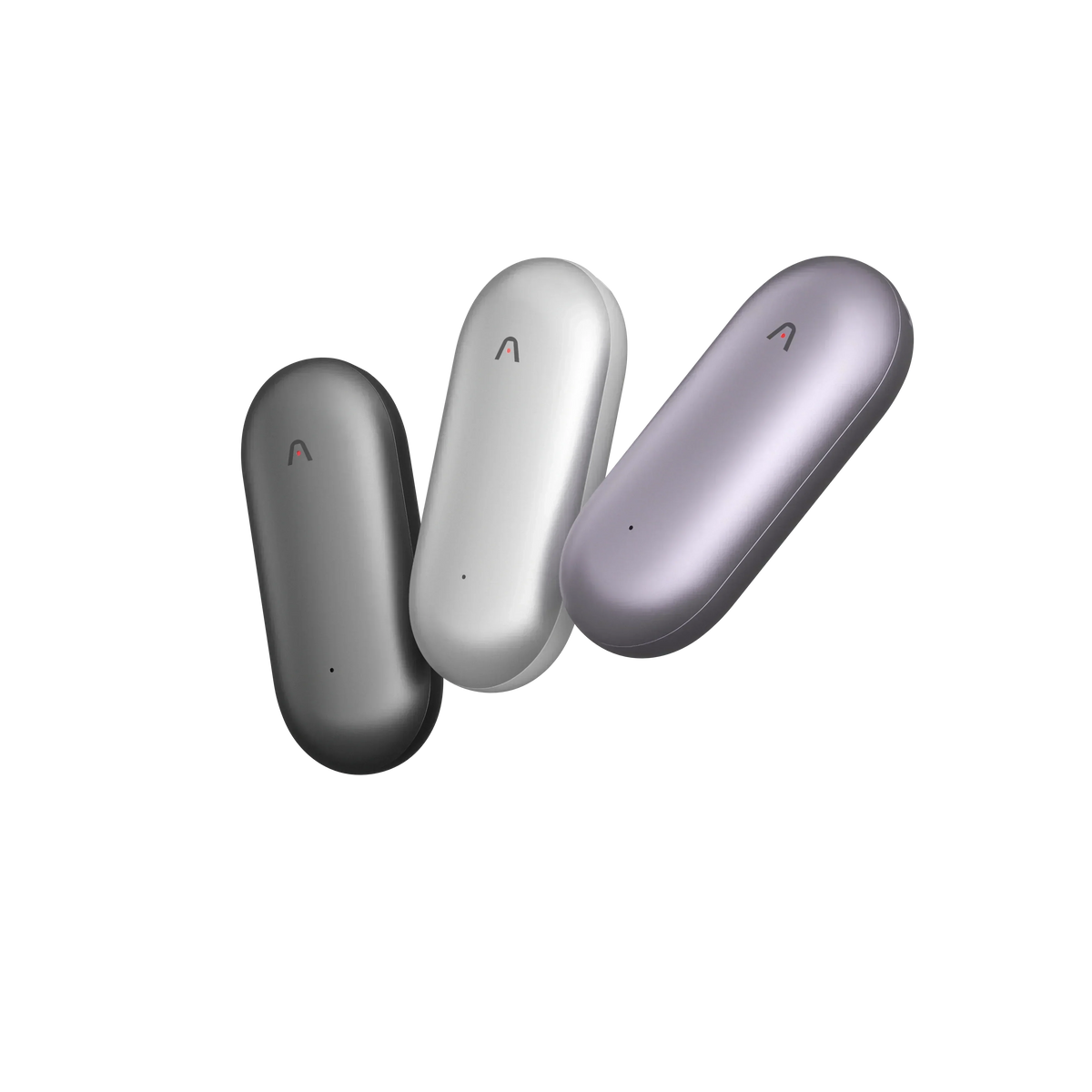 Three Plaud NotePin wearable AI voice recorders in dark gray, silver, and light purple.
